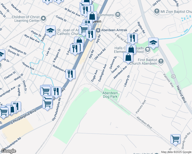 map of restaurants, bars, coffee shops, grocery stores, and more near 183 Engle Avenue in Aberdeen