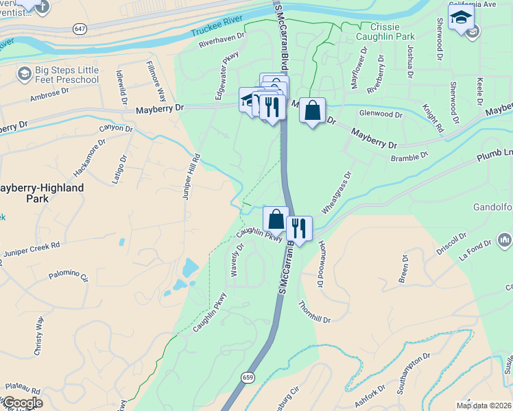 map of restaurants, bars, coffee shops, grocery stores, and more near 4970 Caughlin Glen in Reno