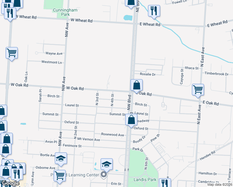 map of restaurants, bars, coffee shops, grocery stores, and more near 97a West Oak Road in Vineland
