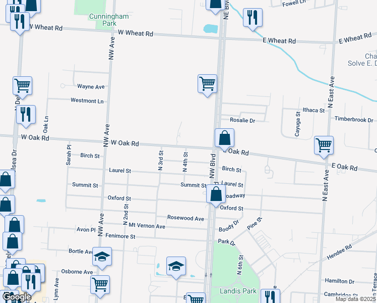 map of restaurants, bars, coffee shops, grocery stores, and more near 97a West Oak Road in Vineland