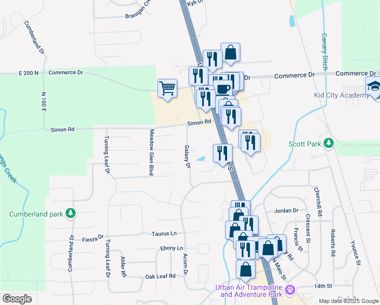 map of restaurants, bars, coffee shops, grocery stores, and more near 2147 Galaxy Drive in Franklin