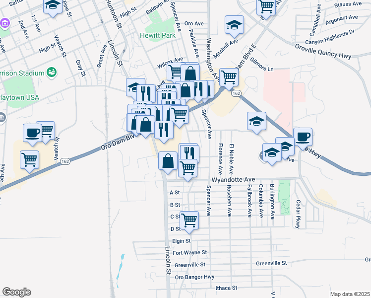 map of restaurants, bars, coffee shops, grocery stores, and more near 2836 Myers Street in Oroville