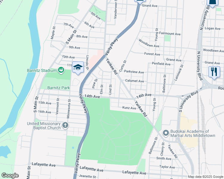 map of restaurants, bars, coffee shops, grocery stores, and more near 1213 Lind Street in Middletown