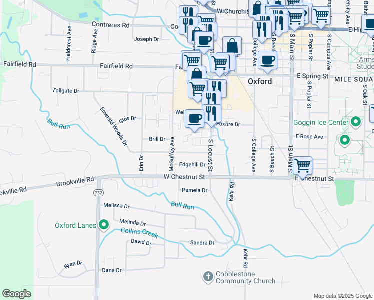 map of restaurants, bars, coffee shops, grocery stores, and more near 506 Brookview Court in Oxford