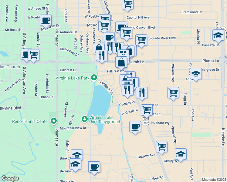 map of restaurants, bars, coffee shops, grocery stores, and more near 2221 Virginia Lake Way in Reno