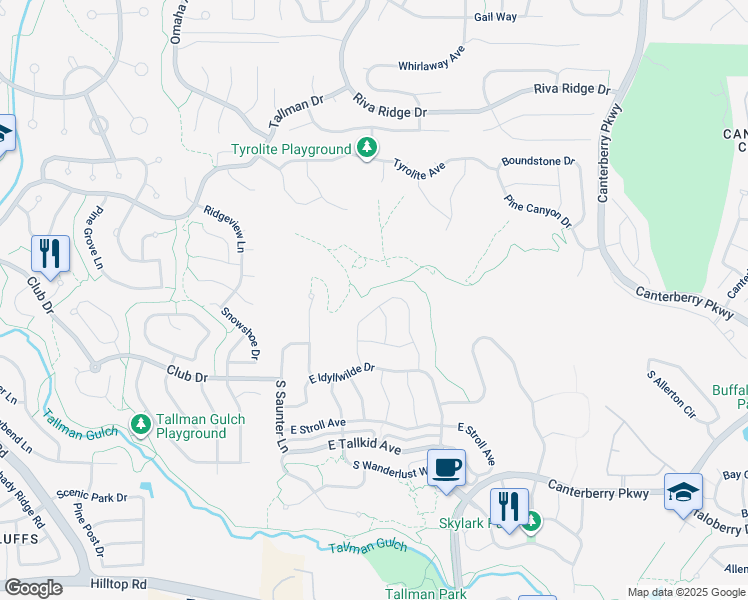 map of restaurants, bars, coffee shops, grocery stores, and more near 11854 Discovery Circle in Parker