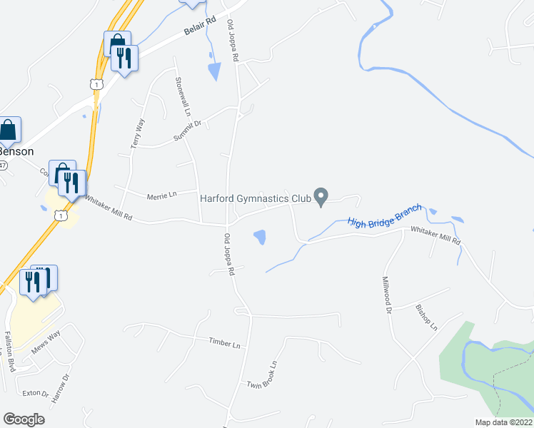 map of restaurants, bars, coffee shops, grocery stores, and more near 618 Whitaker Mill Road in Harford County