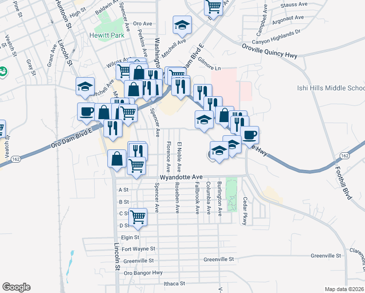 map of restaurants, bars, coffee shops, grocery stores, and more near 2851 El Noble Avenue in Oroville