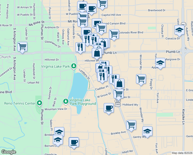 map of restaurants, bars, coffee shops, grocery stores, and more near 2265 Grosvenor Park Place in Reno