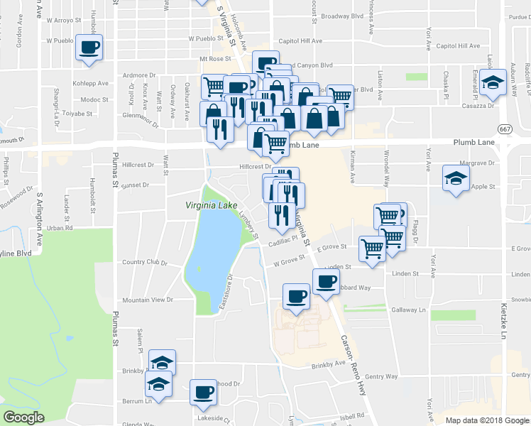 map of restaurants, bars, coffee shops, grocery stores, and more near 2265 Grosvenor Park Place in Reno