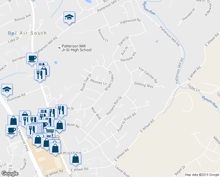 map of restaurants, bars, coffee shops, grocery stores, and more near 231 Bright Oaks Drive in Bel Air