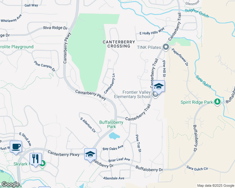 map of restaurants, bars, coffee shops, grocery stores, and more near 11764 Mill Valley Street in Parker