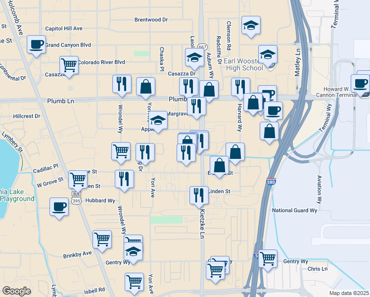 map of restaurants, bars, coffee shops, grocery stores, and more near 2169 Kietzke Lane in Reno