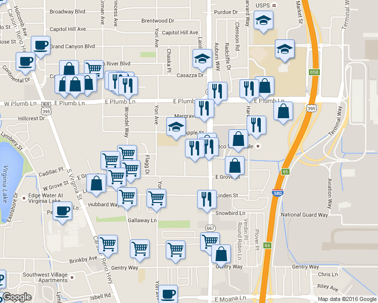 map of restaurants, bars, coffee shops, grocery stores, and more near 2185 Kietzke Lane in Reno
