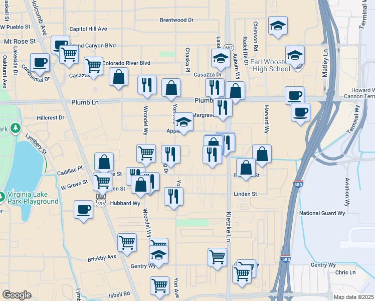 map of restaurants, bars, coffee shops, grocery stores, and more near 2205 Kietzke Lane in Reno