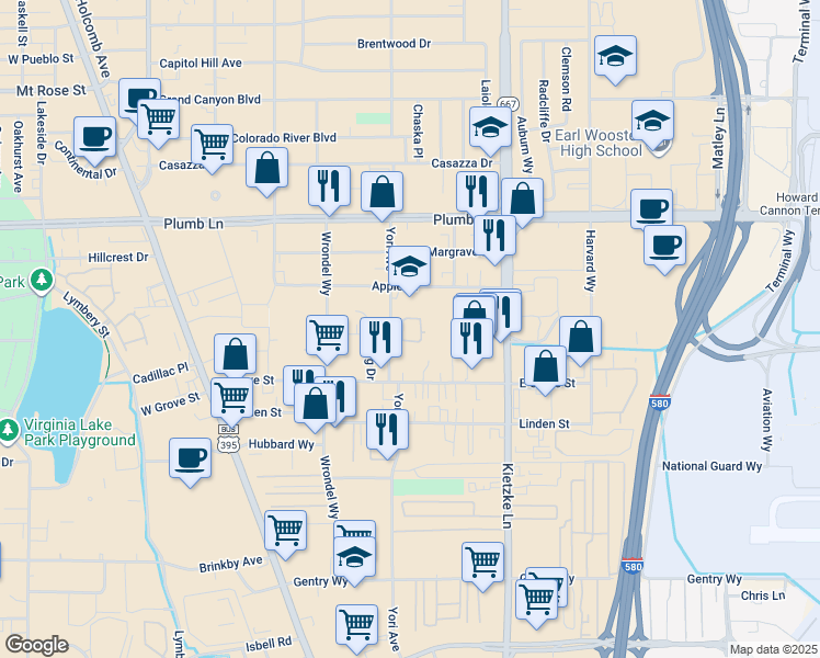 map of restaurants, bars, coffee shops, grocery stores, and more near 2205 Kietzke Lane in Reno
