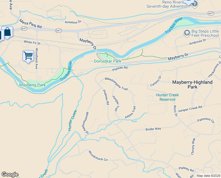 map of restaurants, bars, coffee shops, grocery stores, and more near 4445 Juniper Trail in Reno