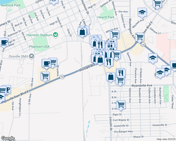 map of restaurants, bars, coffee shops, grocery stores, and more near 1607 Oro Dam Boulevard East in Oroville