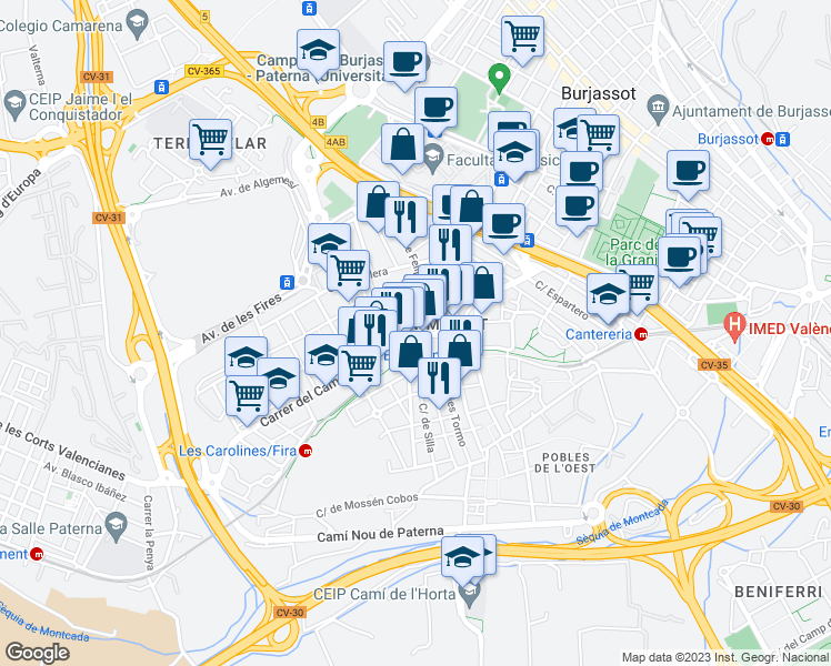 map of restaurants, bars, coffee shops, grocery stores, and more near 16 Carrer del Campament in València