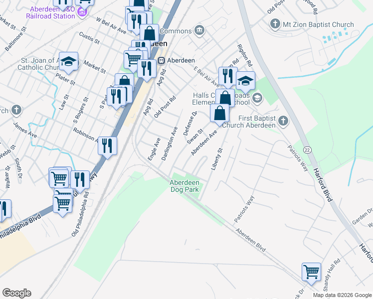 map of restaurants, bars, coffee shops, grocery stores, and more near 50 Swan St in Aberdeen