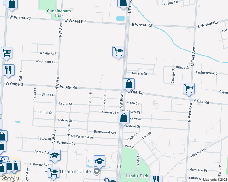 map of restaurants, bars, coffee shops, grocery stores, and more near 596 Northwest Boulevard in Vineland