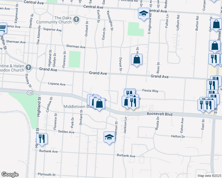 map of restaurants, bars, coffee shops, grocery stores, and more near 3305 Elman Drive in Middletown