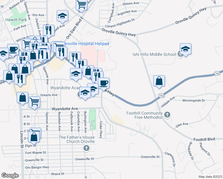 map of restaurants, bars, coffee shops, grocery stores, and more near 3008 Olive Highway in Oroville