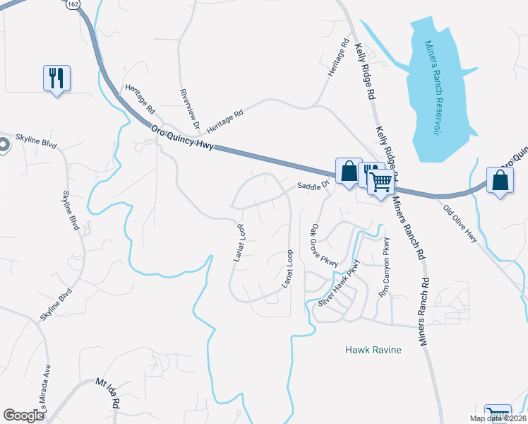 map of restaurants, bars, coffee shops, grocery stores, and more near 7 Crazyhorse Court in Oroville