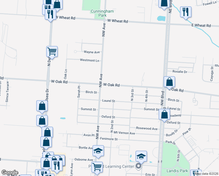 map of restaurants, bars, coffee shops, grocery stores, and more near 429 West Oak Road in Vineland