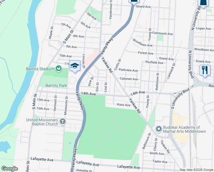 map of restaurants, bars, coffee shops, grocery stores, and more near 1213 Lind Street in Middletown