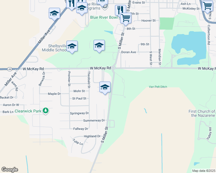 map of restaurants, bars, coffee shops, grocery stores, and more near 2309 South Miller Street in Shelbyville