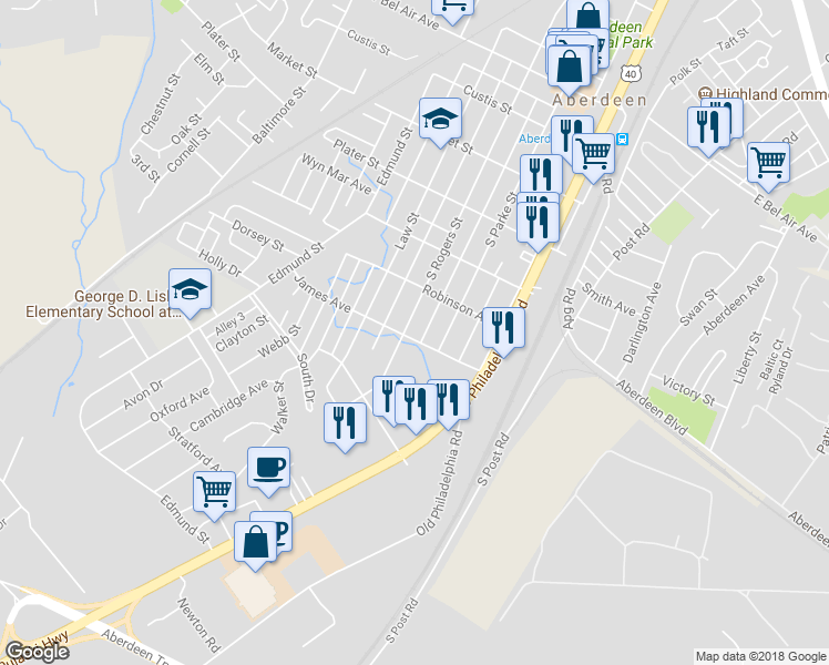 map of restaurants, bars, coffee shops, grocery stores, and more near 539 South Rogers Street in Aberdeen