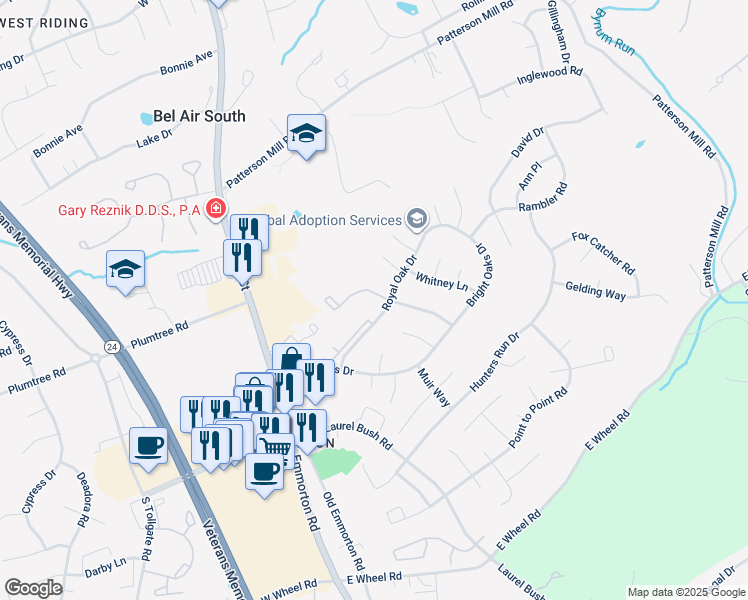 map of restaurants, bars, coffee shops, grocery stores, and more near 1968 Laurel Oak Drive in Bel Air