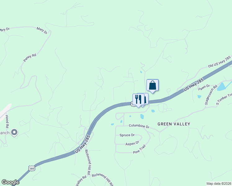 map of restaurants, bars, coffee shops, grocery stores, and more near 28730 Mountain View Road in Conifer