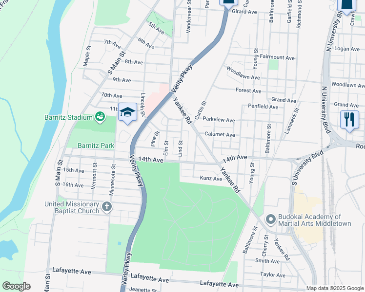 map of restaurants, bars, coffee shops, grocery stores, and more near 1213 Lind Street in Middletown
