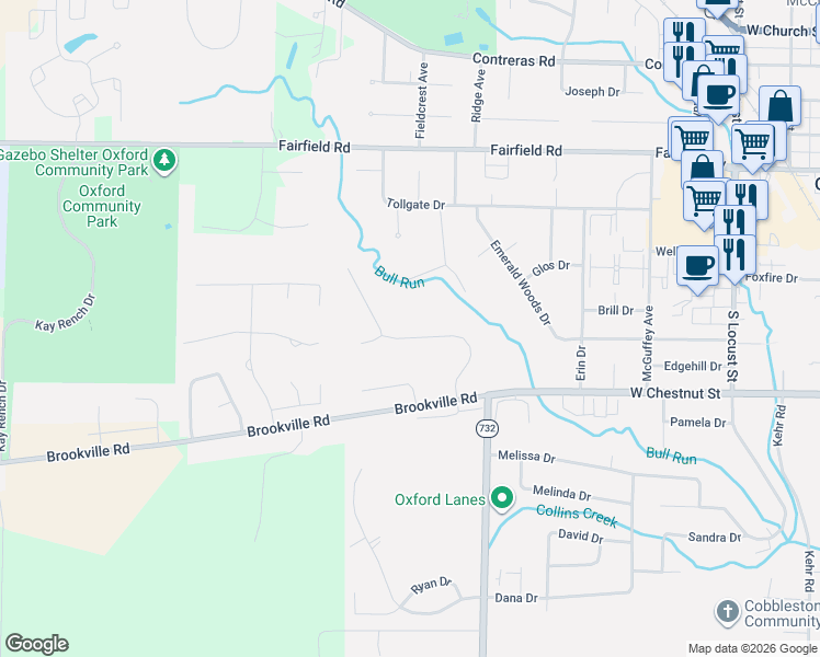 map of restaurants, bars, coffee shops, grocery stores, and more near 517 White Oak Drive in Oxford