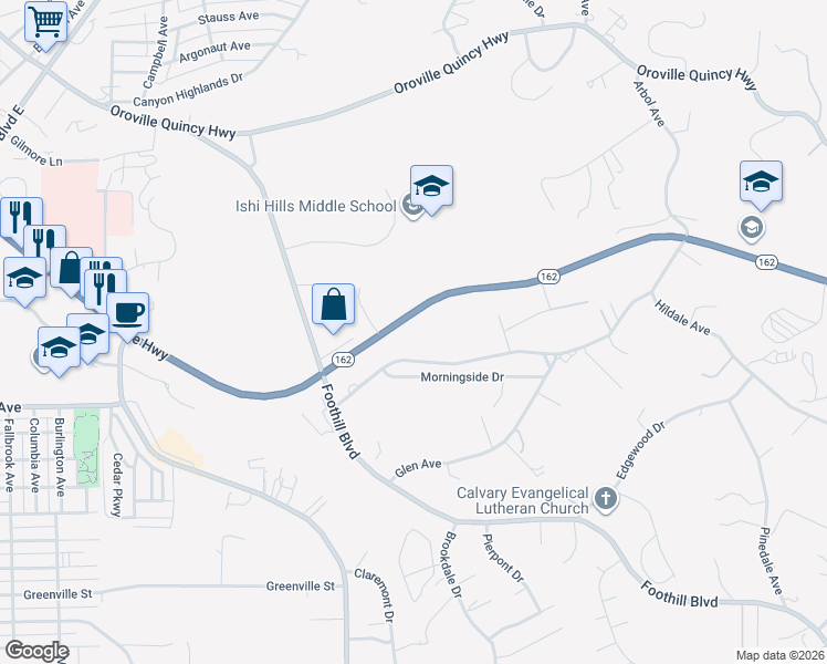 map of restaurants, bars, coffee shops, grocery stores, and more near 3380 Olive Highway in Oroville
