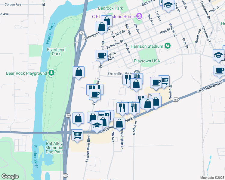 map of restaurants, bars, coffee shops, grocery stores, and more near 80 Willow Drive in Oroville