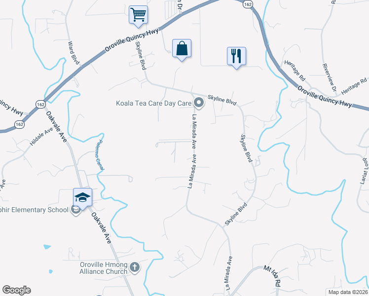 map of restaurants, bars, coffee shops, grocery stores, and more near 134 La Mirada Avenue in Oroville