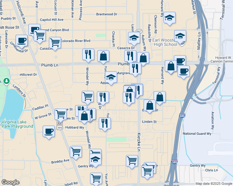 map of restaurants, bars, coffee shops, grocery stores, and more near 2185 Kietzke Lane in Reno