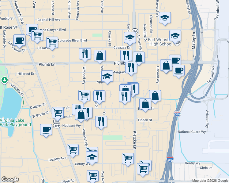 map of restaurants, bars, coffee shops, grocery stores, and more near 2185 Kietzke Lane in Reno