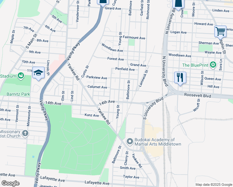 map of restaurants, bars, coffee shops, grocery stores, and more near 1220 Young Street in Middletown