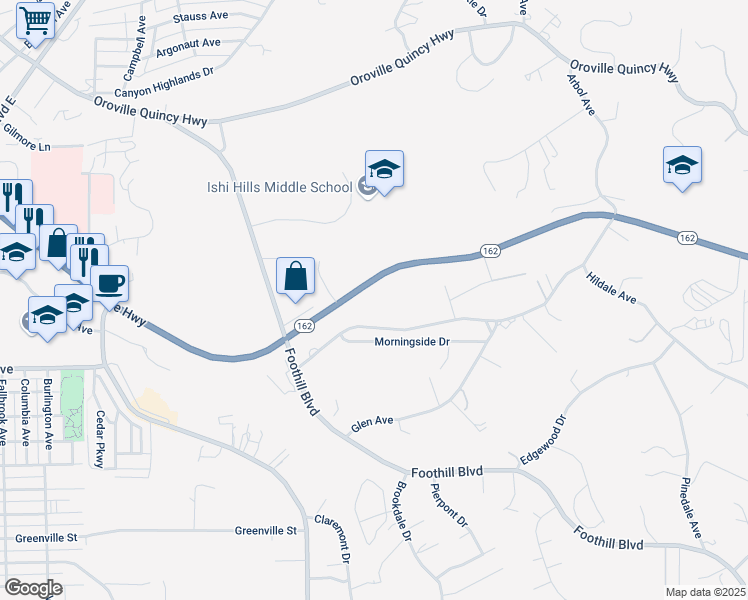 map of restaurants, bars, coffee shops, grocery stores, and more near 3380 Olive Highway in Oroville