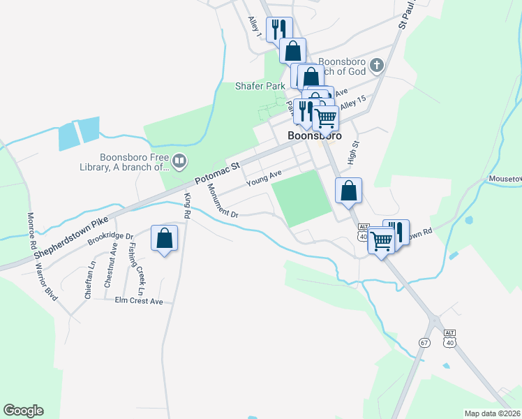 map of restaurants, bars, coffee shops, grocery stores, and more near 139 Monument Drive in Boonsboro