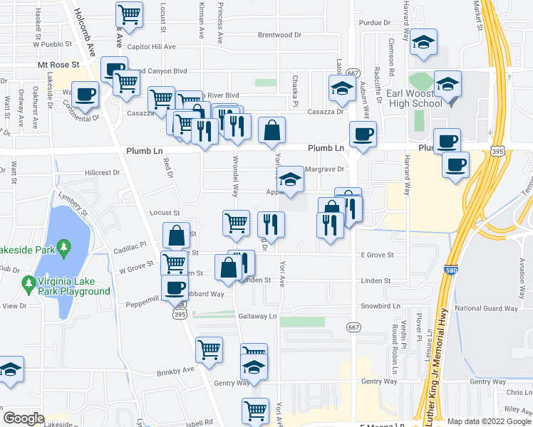 map of restaurants, bars, coffee shops, grocery stores, and more near 2296 Flagg Drive in Reno