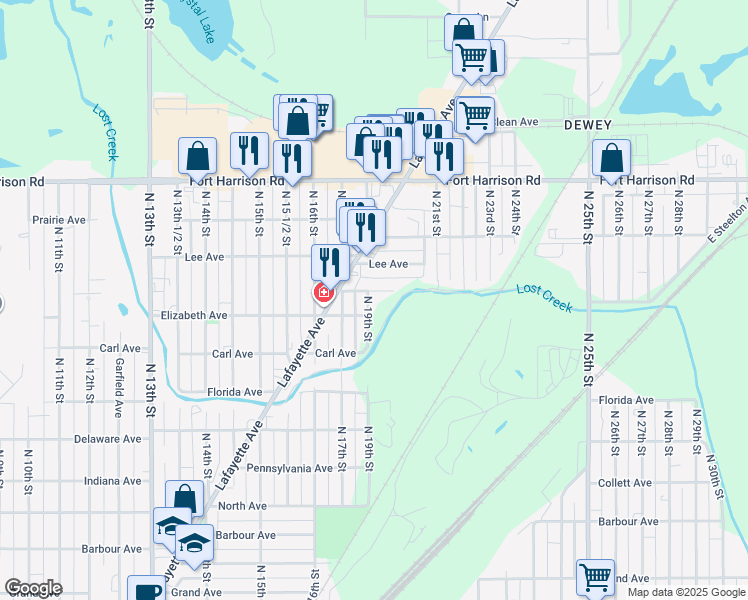 map of restaurants, bars, coffee shops, grocery stores, and more near 3001 North 19th Street in Terre Haute