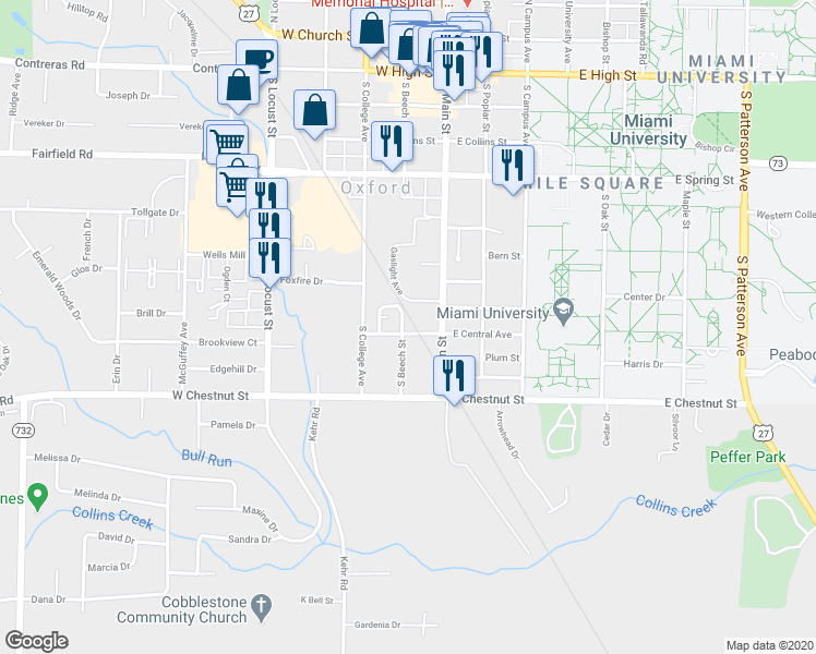map of restaurants, bars, coffee shops, grocery stores, and more near 98 West Central Avenue in Oxford