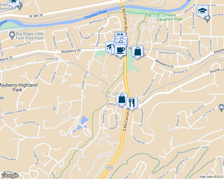 map of restaurants, bars, coffee shops, grocery stores, and more near 749 Caughlin Glen in Reno