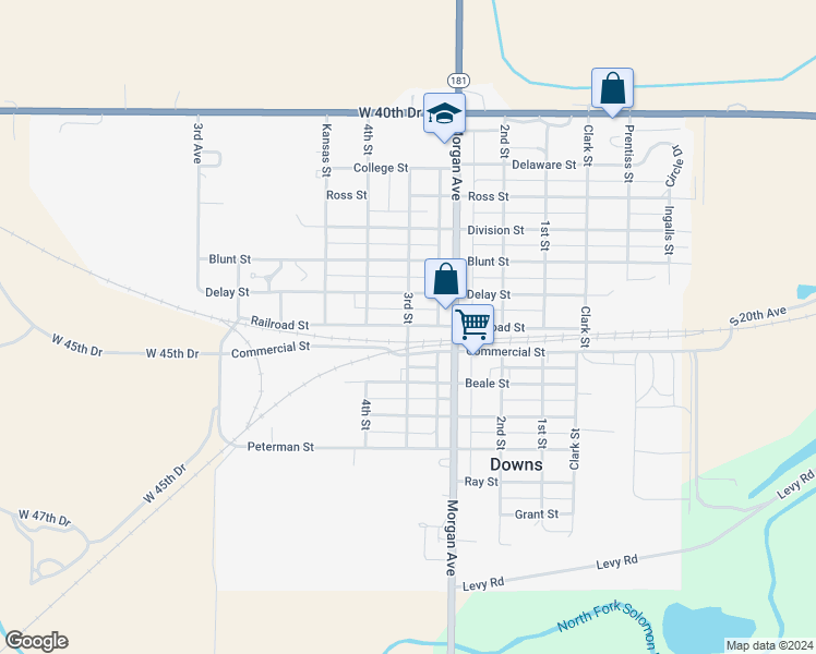 map of restaurants, bars, coffee shops, grocery stores, and more near Railroad Street in Downs