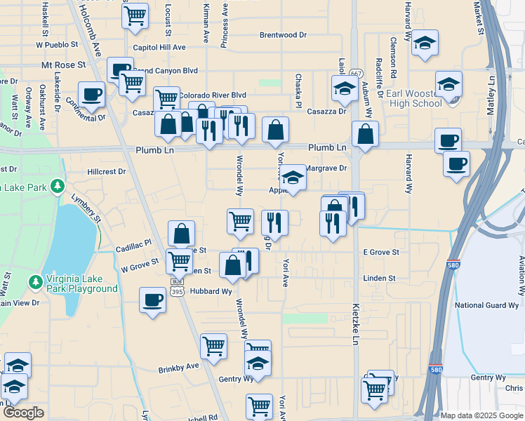 map of restaurants, bars, coffee shops, grocery stores, and more near 2296 Flagg Drive in Reno